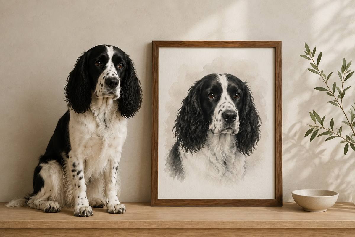 A spaniel beside its custom framed dog portrait