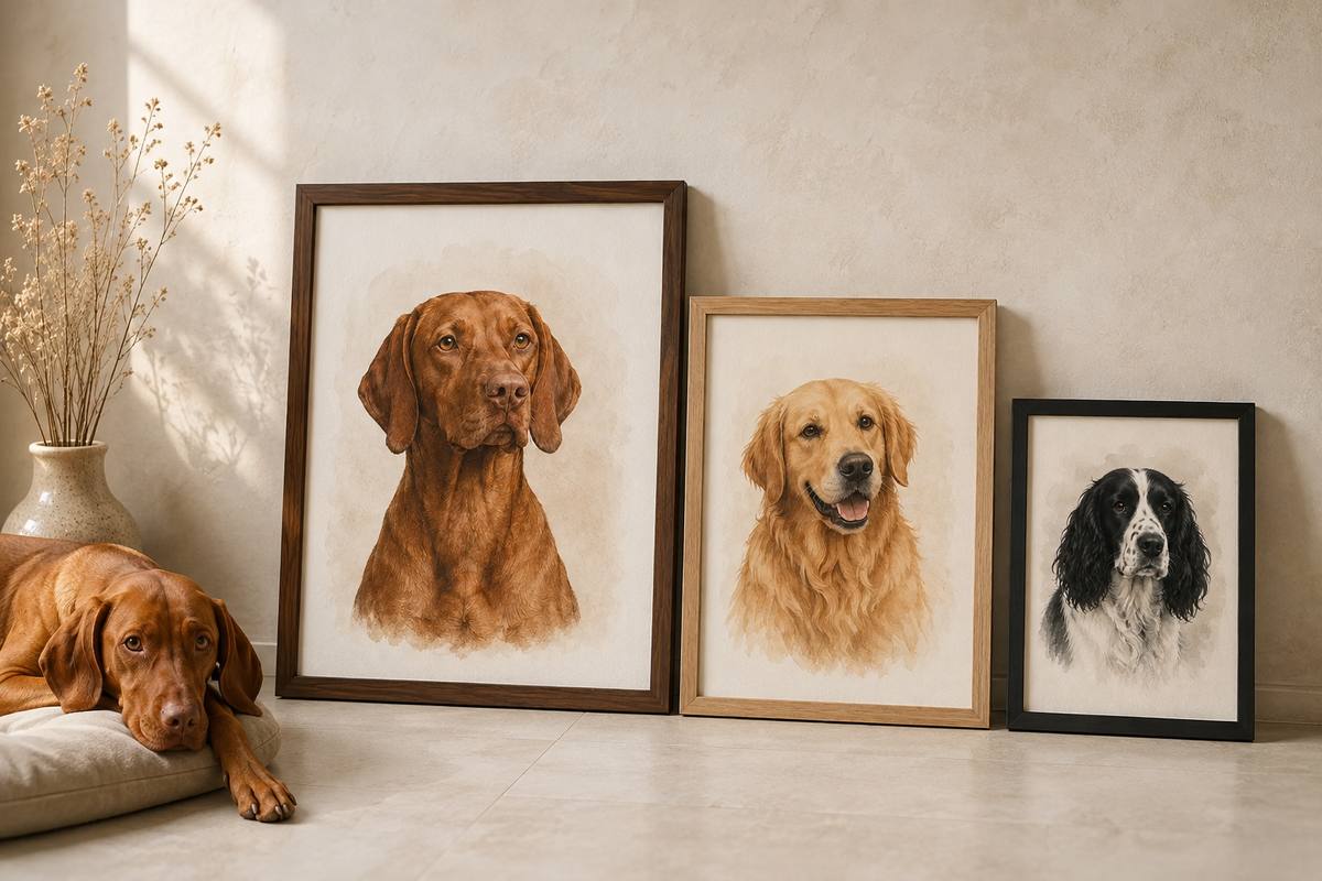 Three framed custom dog portraits in walnut, oak and black frames