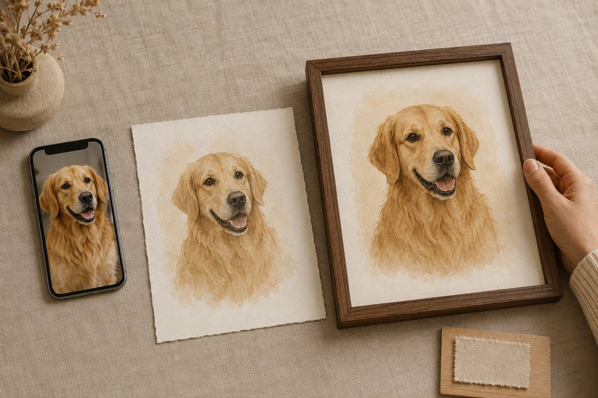 A pet photo, artwork proof and finished framed portrait