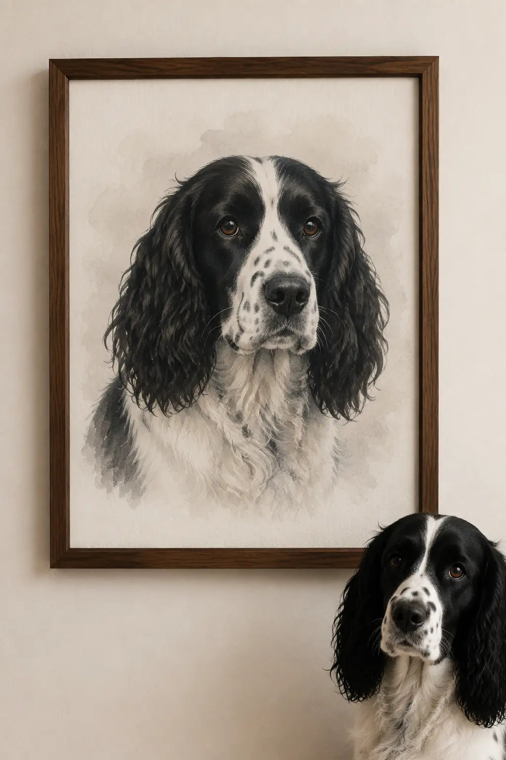A black and white spaniel sitting beside its custom dog portrait in a walnut frame