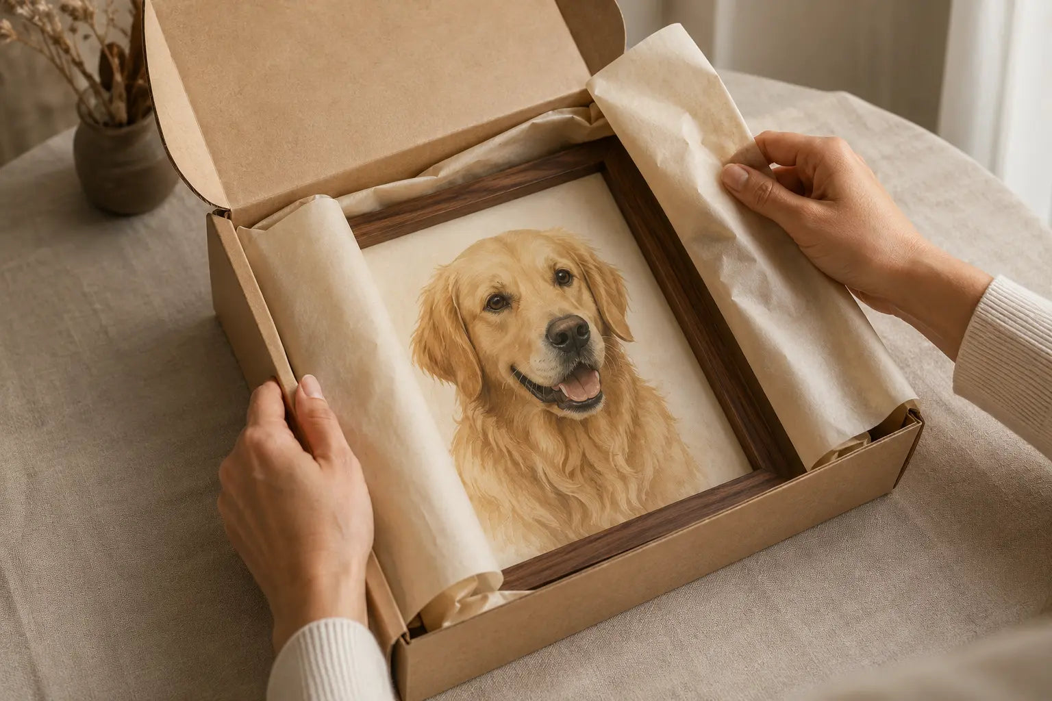 A framed custom pet portrait of a golden retriever being unwrapped from its gift box
